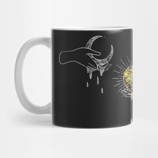 Moon and Sun. Celestial illustration of hands holding a dripping moon and sun Mug